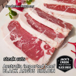 Beef Sirloin Australia BLACK ANGUS GF Grain-Fed MS2+ marbling2+ STEER (young cattle) Jack's Creek frozen STEAK CUTS; 3/8,3/4,1,2 inch (price/kg) - Striploin / New York Strip / Has Luar